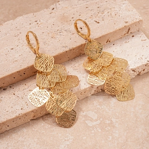 Golden geometric hollow mesh rhombus tassel hoop earrings with layered metallic design