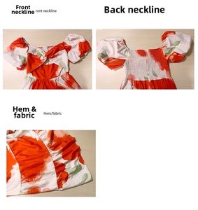 Dettaglio del vestito floreale arancione con schiena arricciata e maniche a sbuffo