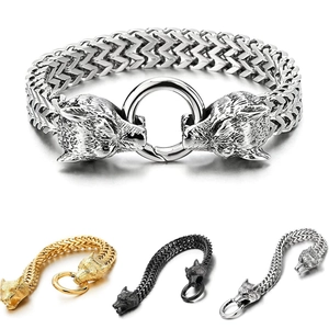 Wolf Head Bracelet Stainless Steel Viking Chain Men Jewelry Biker Hip Hop Punk Retro Style Accessory