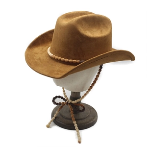 Brown faux suede cowboy hat with ethnic beaded band and chin cord on mannequin head