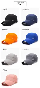 Close-up of lightweight quick-dry sports caps in multiple colors with side printing