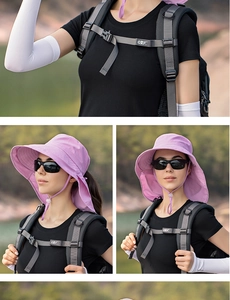 Outdoor hiking setup featuring a purple wide-brim sun hat and white cooling arm sleeves