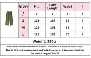 Detailed size chart for olive green cargo pants including hip, waist, and length data