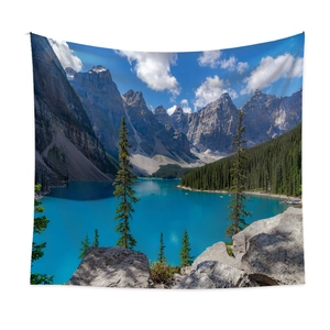 Bohemian tapestry featuring a majestic mountain lake landscape for room wall decoration