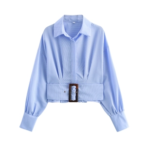 Women Striped Blouse Shirt Long Sleeve Lapel With Belt Slim Fit Polyester Chic Commuter Top