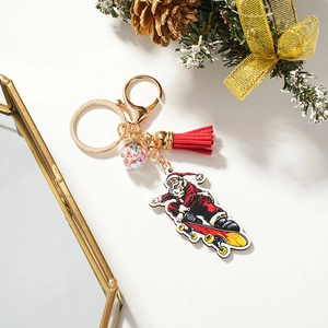 Christmas Santa Claus Skateboard Keychain With Red Tassel And Star Sequin Ball Golden Metal Ring Holiday Bag Pendant Gift