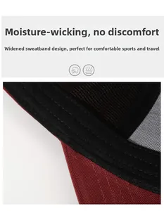 Detail of dark red baseball cap featuring a wide black sweatband and breathable mesh lining
