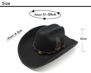 Size chart showing 9.5cm brim black wool cowboy hat with feather and leather band