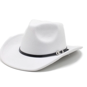 Detail of white felt cowboy hat with black decorative band and silver engraved buckle