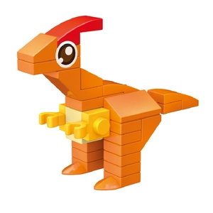 Close-up of orange Parasaurolophus dinosaur building blocks model on a white background