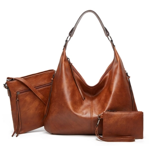 Three-piece brown vintage PU leather hobo bag set including tote, crossbody, and wallet