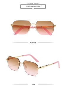 Detail of rimless square sunglasses with gradient lenses and textured golden metal temples