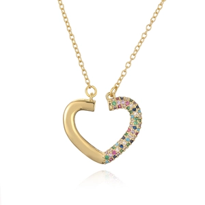 Minimalist gold plated heart necklace with colorful zircons on thin chain link