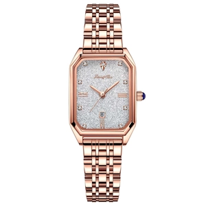 Rose gold women's luxury octagonal watch with glitter silver dial and date display window