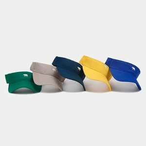 Detail view of colorful sun visors with embroidered polar bears in five vibrant colors
