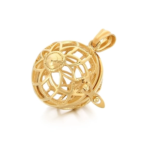 Golden hollow sphere pendant with ornate palace pattern and hinged opening mechanism