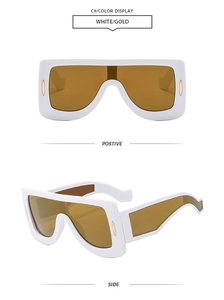 Front and side views of large white square futuristic sunglasses with gold accents