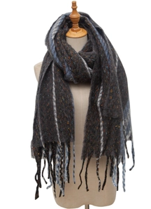 Detail of dark grey knit scarf with colorful specks, white stripes and fringe edges