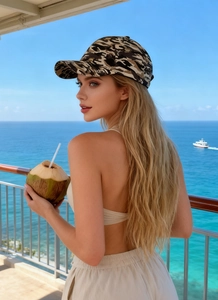 Woman wearing a camouflage baseball cap against a scenic blue ocean and beach background