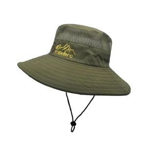 Detail of army green sun hat showing breathable mesh and mountain logo embroidery