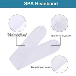 Detail showing adjustable towel cloth SPA headband with strong side seams and non-slip grip