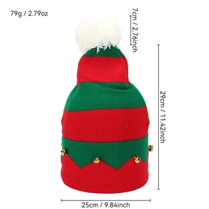 Elf style striped knit Christmas hat with golden bells and dimensions 29x25cm