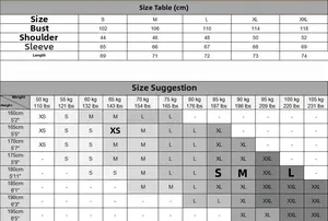 Detailed size chart for men's cotton knit sweater with measurements and size recommendations