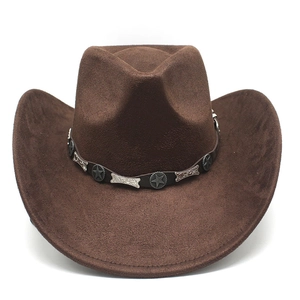 Detail of dark brown faux suede cowboy hat featuring star and bone metal ornaments