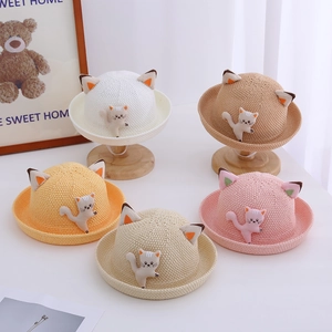 Lot de chapeaux de paille pour enfants avec oreilles de chat 3D en cinq couleurs