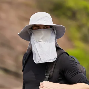 Outdoor light gray sun hat with neck flap and breathable face mask for fishing