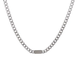 Minimalist silver stainless steel cuboid plate necklace with flat cuban link chain