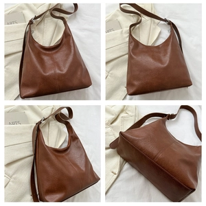 Detailed multi-angle views of a brown faux leather hobo shoulder bag with adjustable strap