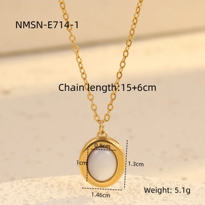 Macro detail of golden oval white shell necklace pendant with precise size measurements