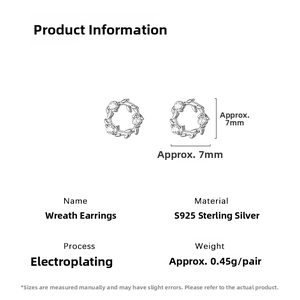 Macro shot of S925 sterling silver wreath earrings with cubic zirconia and size specs