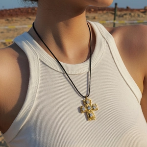 18k gold plated stainless steel cross necklace with hammered texture and white stones