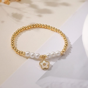 18K gold plated bead bracelet with white pearls and shell flower pendant for women