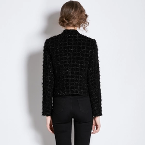 Slim fit black tweed cardigan jacket with metallic buckles and fringe details shown from back