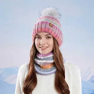 Bonnet En Tricot Et Cache-col D'Hiver Pour Femmes Doublé De Polaire Épaisse Avec Pompon En Fourrure Synthétique