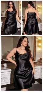 Three-view detail of black satin slip dress with cowl neck and elegant open back style