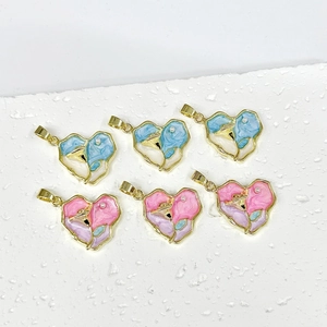 Vintage Heart Pendant Copper 18K Gold Plated Enamel Flower Impressionist Oil Painting Style Imitation Artificial Pearl For Women
