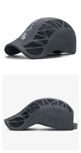 Detail of dark grey breathable mesh panels and SPORT text on quick-dry sun hat