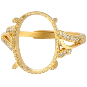 Adjustable S925 silver ring mount with oval setting and white zircon accents on white background