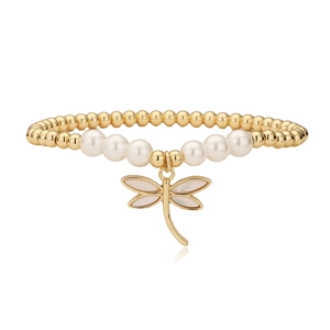 Elegant 18K gold plated bead bracelet with white pearls and dragonfly charm
