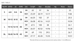 Detailed size chart for women's round neck solid color blouse with UK, US, and EU measurements