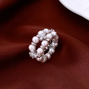 Double Layer Imitation Artificial Pearl Ring With Rhinestone Floral Accents Elastic Beaded French Light Luxury Elegant Jewelry