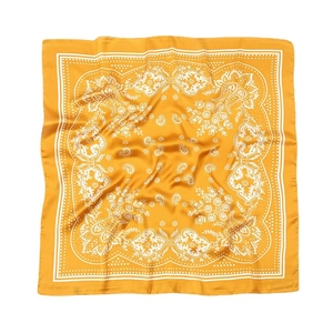 Ginger yellow paisley silk-like square scarf with white floral patterns on white background