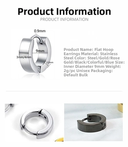 Detailed size chart for stainless steel hoop earrings with 9mm inner diameter dimensions