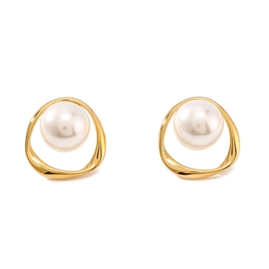 Elegant 18k gold plated stainless steel oval earrings featuring round white pearls