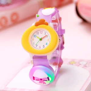 Cute purple chicken kids glowing watch with translucent strap and colorful backlight