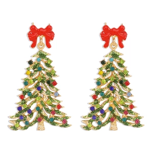 Close-up of Christmas tree earrings with colorful rhinestones and red enamel bows